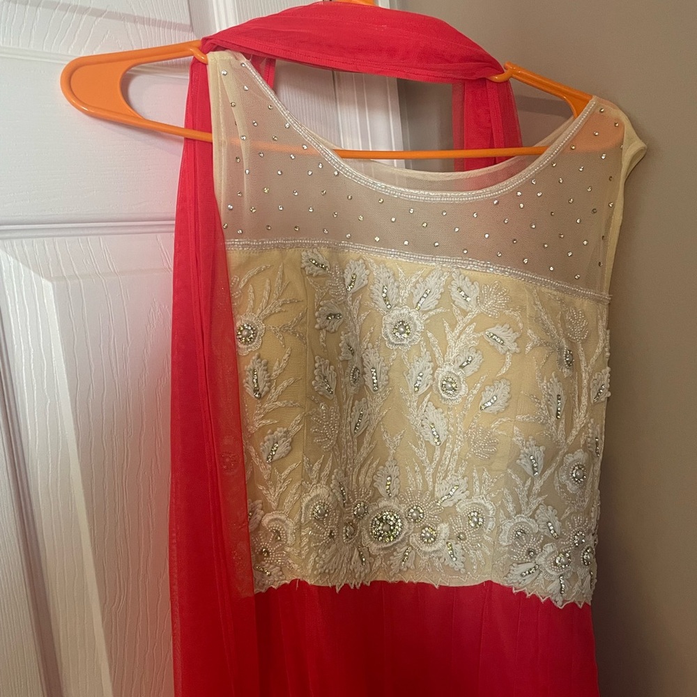 Elegant Red and Cream Embellished Dress